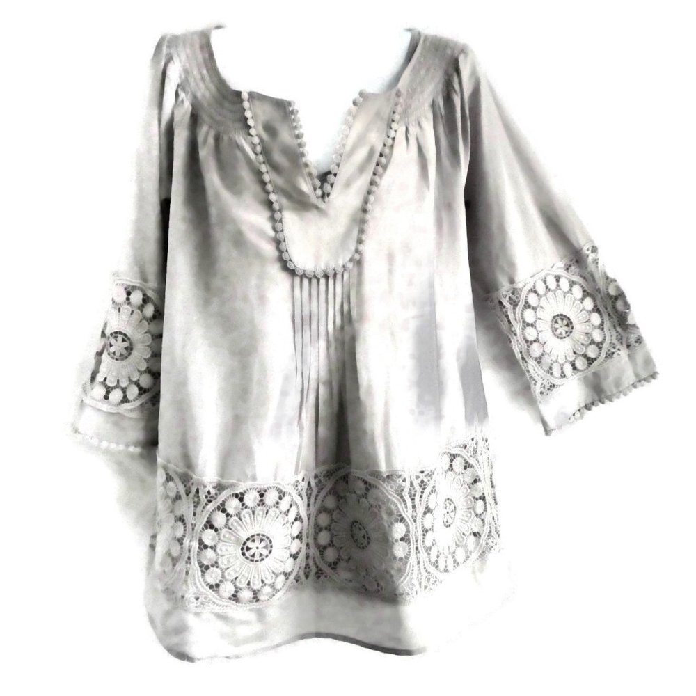 Daniel Rainn Boho Blouse Grey Inset Lace Cotton SiLK Cami Liner S